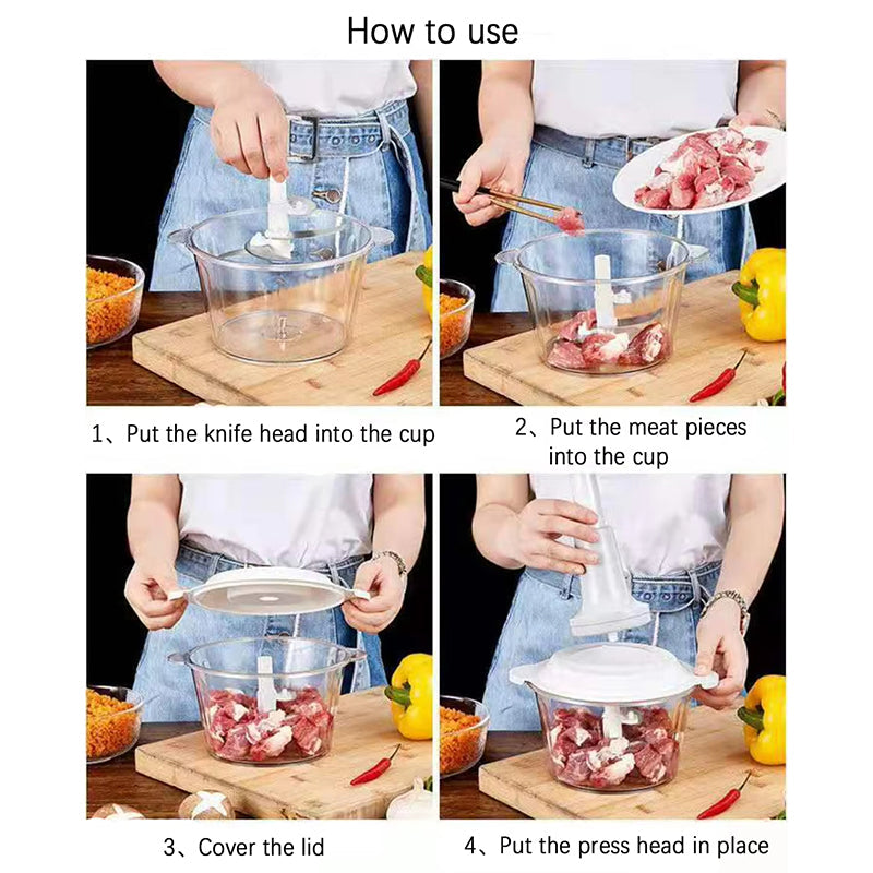 Food Chopper Manual Lever-Press Stainless Steel Blades Three Sizes