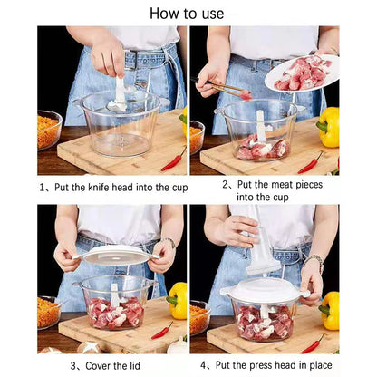 Food Chopper Manual Lever-Press Stainless Steel Blades Three Sizes