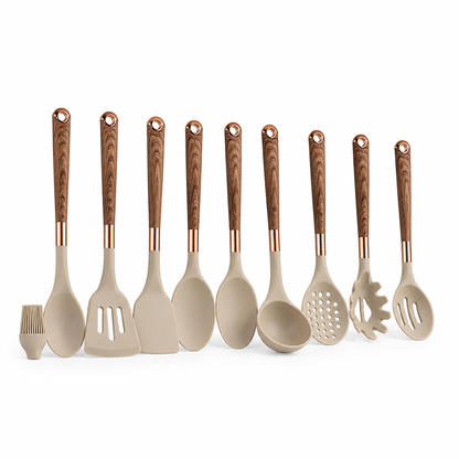 Food-Safe Silicone Utensil Set with Heat-Resistant Wood Handles (10-Piece)