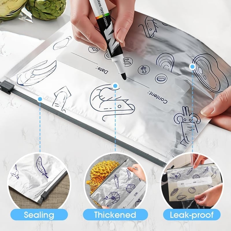 Food Storage Bag Reusable Aluminum Airtight Labeling Area