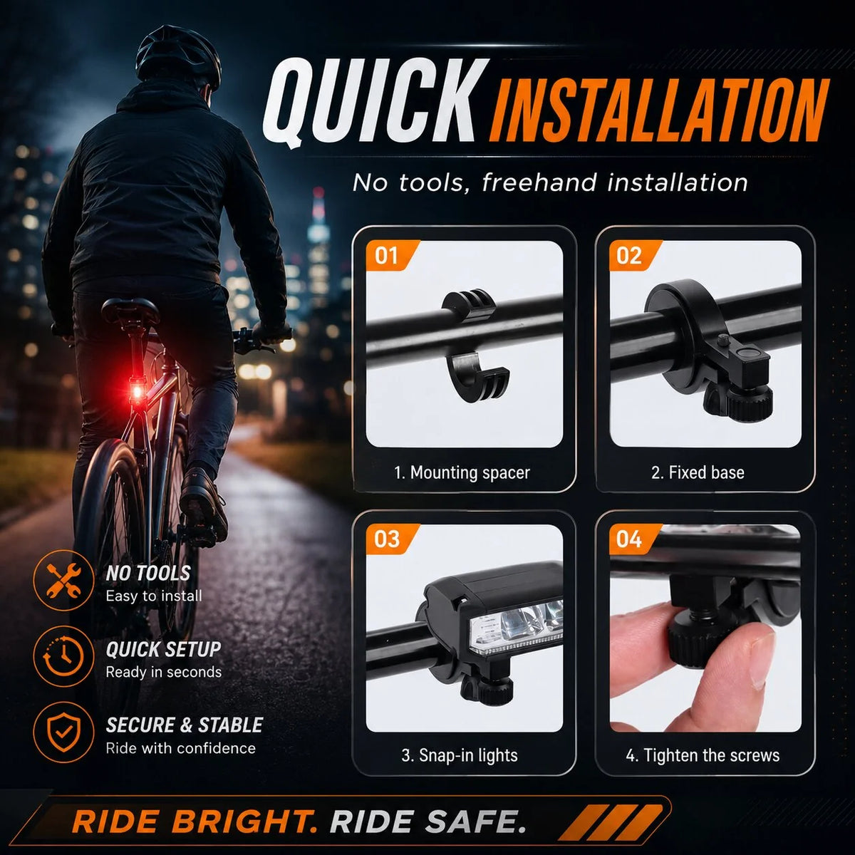 Front Bike Light 900 Lumen IPX6 Tool-Free Mount