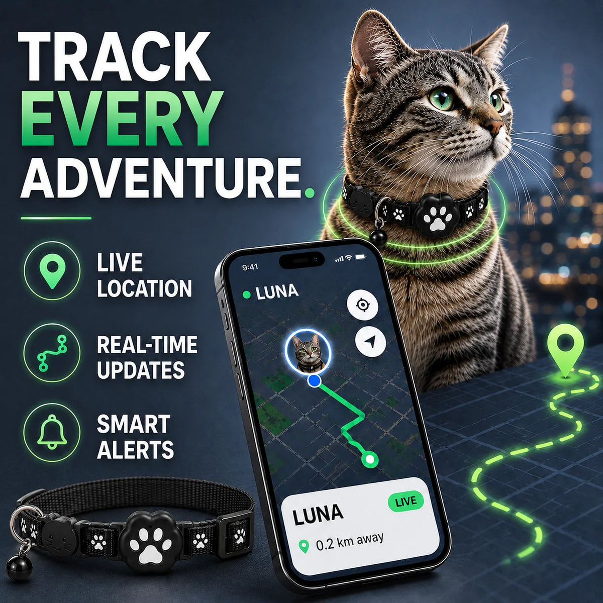 GPS Cat Collar Real-Time GPS Reflective Water-Resistant Silicone