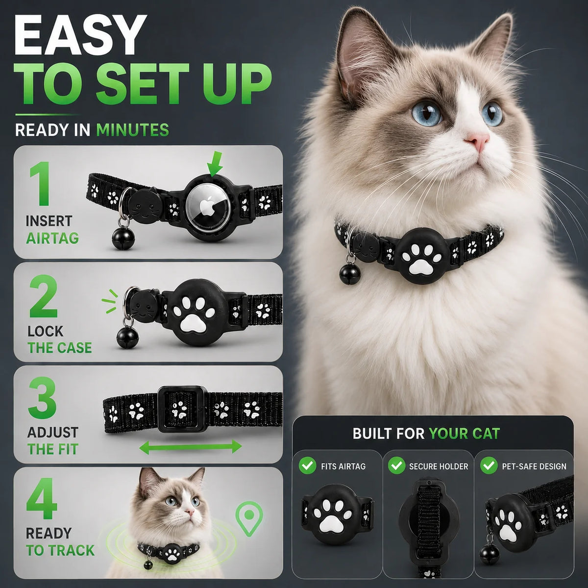 GPS Cat Collar Real-Time GPS Reflective Water-Resistant Silicone