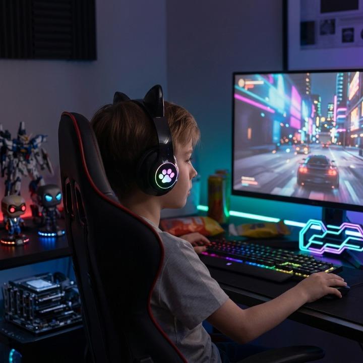 Gaming Headset Cat Ear LED Foldable 360-Degree Rotatable Mic