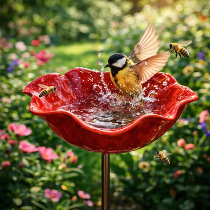 Garden Bird Bath Stake Poppy Flower Weather-Resistant Metal