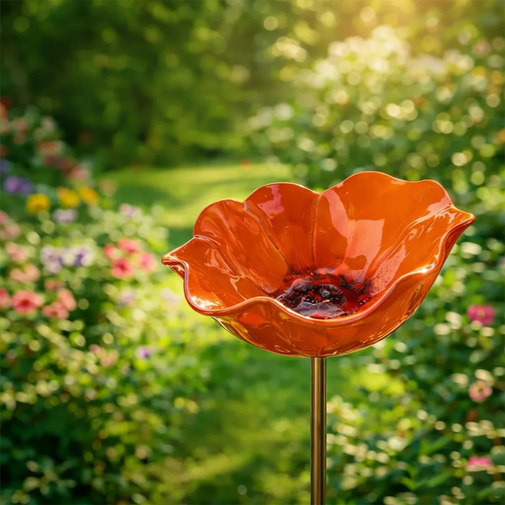 Garden Bird Bath Stake Poppy Flower Weather-Resistant Metal