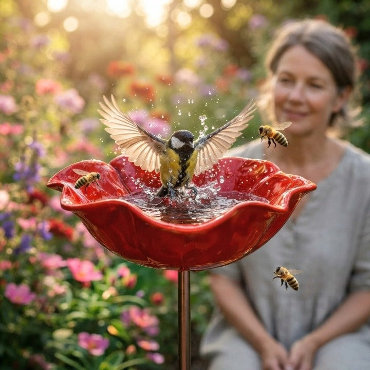 Garden Bird Bath Stake Poppy Flower Weather-Resistant Metal