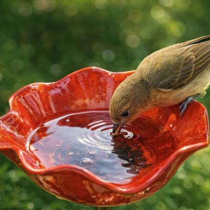 Garden Bird Bath Stake Poppy Flower Weather-Resistant Metal