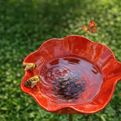 Garden Bird Bath Stake Poppy Flower Weather-Resistant Metal