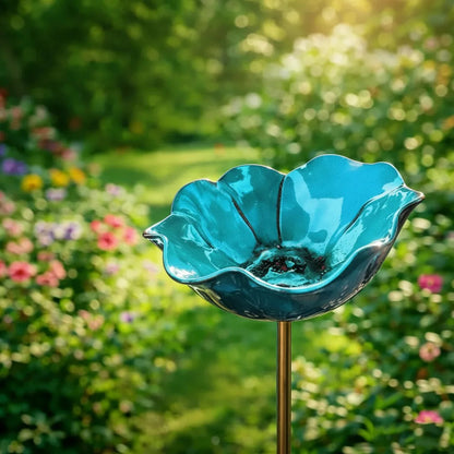 Garden Bird Bath Stake Poppy Flower Weather-Resistant Metal