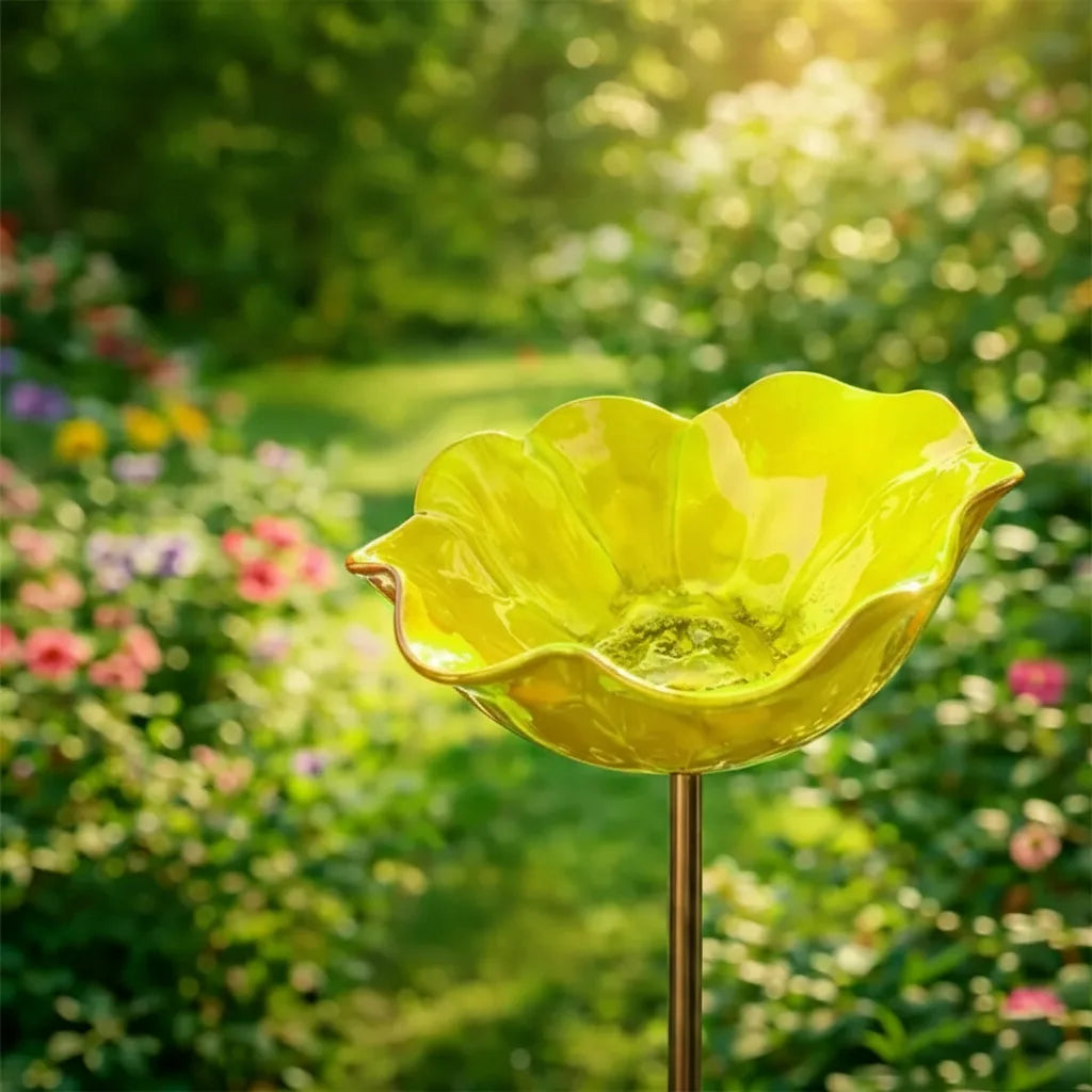 Garden Bird Bath Stake Poppy Flower Weather-Resistant Metal