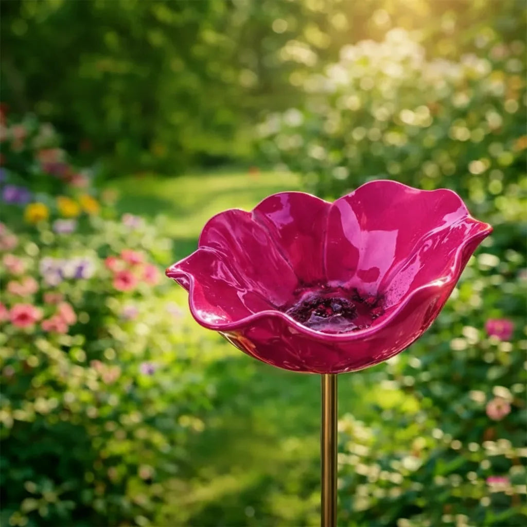 Garden Bird Bath Stake Poppy Flower Weather-Resistant Metal