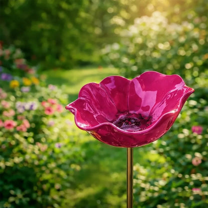 Garden Bird Bath Stake Poppy Flower Weather-Resistant Metal
