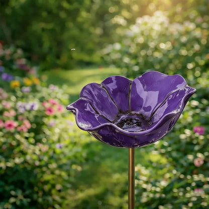 Garden Bird Bath Stake Poppy Flower Weather-Resistant Metal