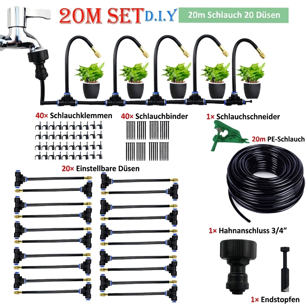 Garden Misting System 20 m Hose Adjustable Copper Nozzles