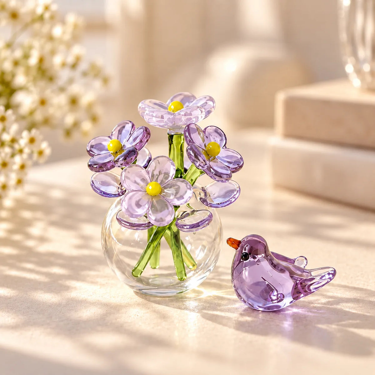 Glass Flower & Bird Decor Set Handmade Miniature】【。