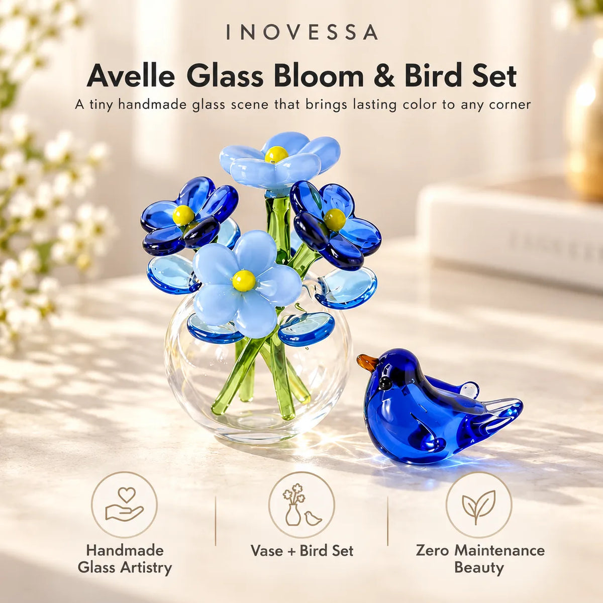 Glass Flower & Bird Decor Set Handmade Miniature】【。