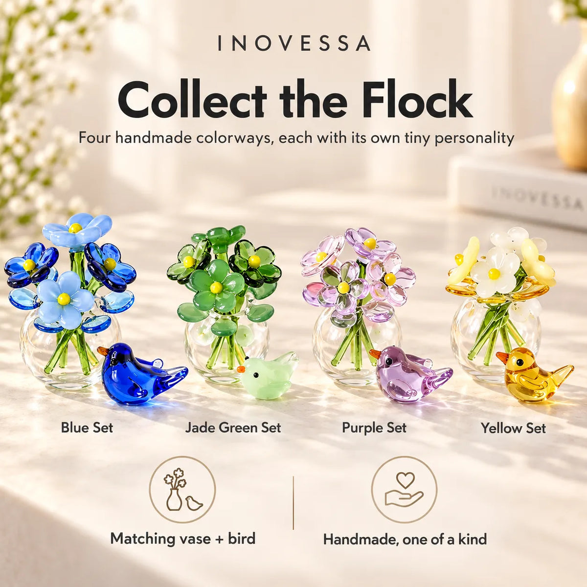 Glass Flower & Bird Decor Set Handmade Miniature】【。