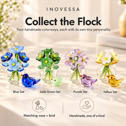 Glass Flower & Bird Decor Set Handmade Miniature】【。