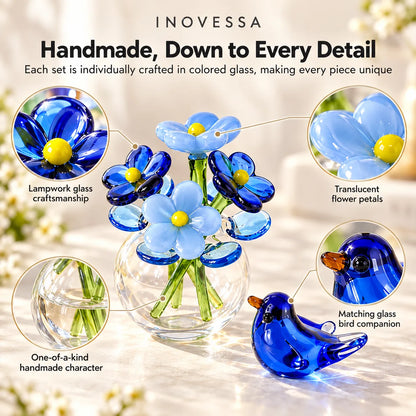 Glass Flower & Bird Decor Set Handmade Miniature】【。