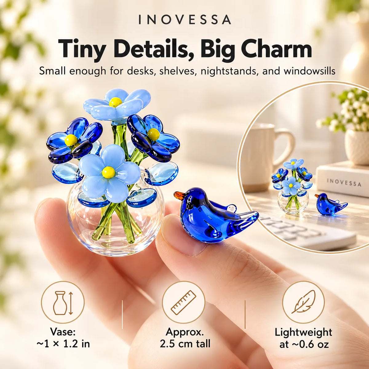 Glass Flower & Bird Decor Set Handmade Miniature】【。