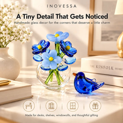Glass Flower & Bird Decor Set Handmade Miniature】【。