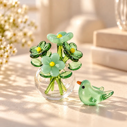 Glass Flower & Bird Decor Set Handmade Miniature】【。
