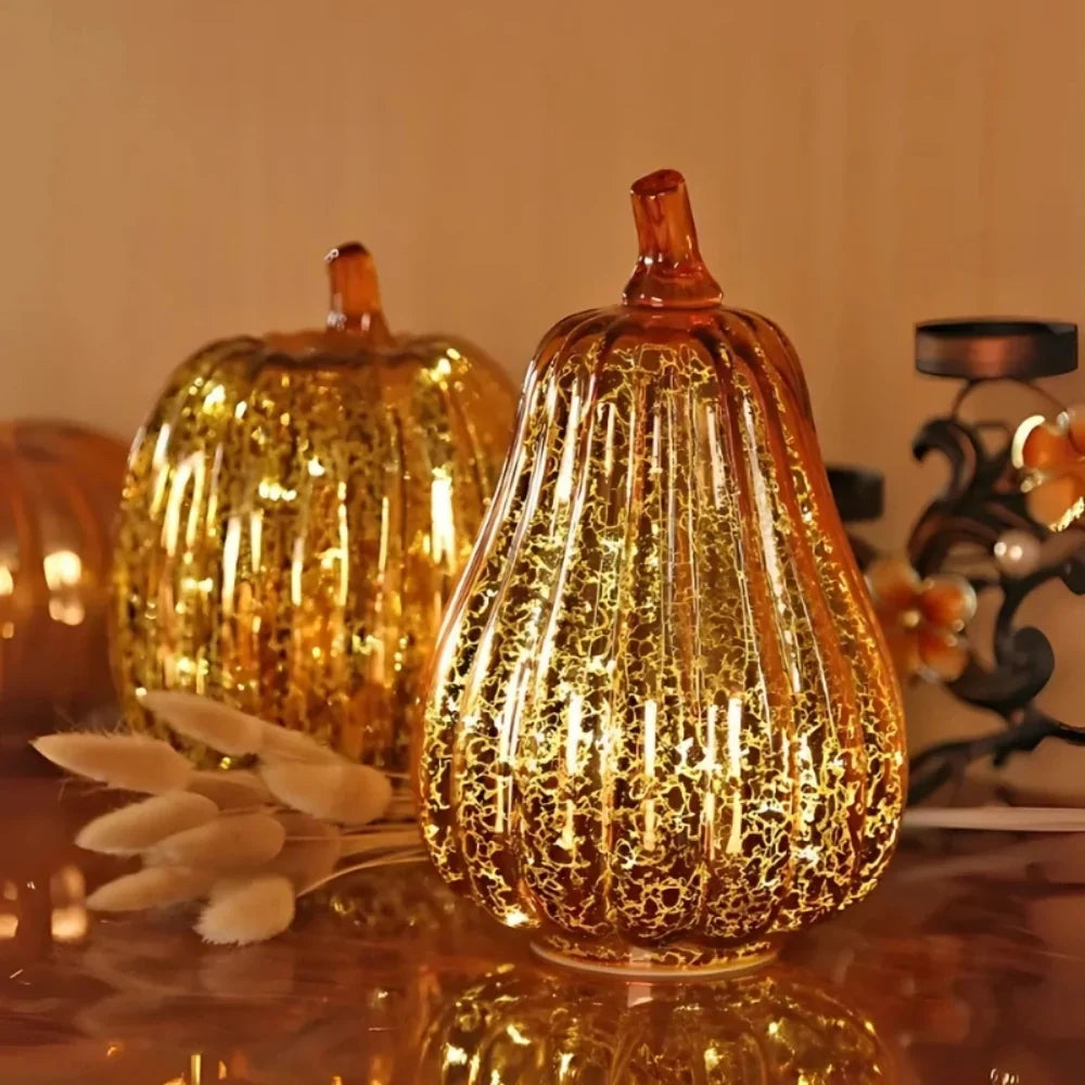Glass Pumpkin Lamp Hand-Blown Battery-Powered With Timer