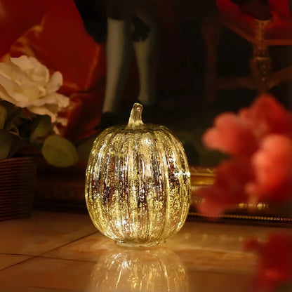 Glass Pumpkin Lamp Hand-Blown Battery-Powered With Timer