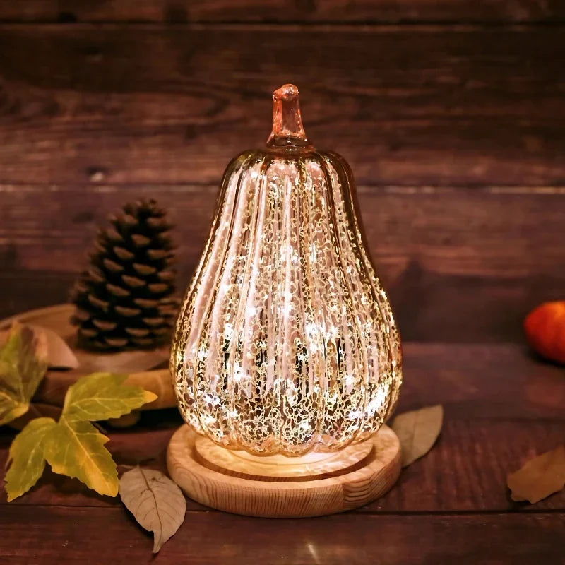 Glass Pumpkin Lamp Hand-Blown Battery-Powered With Timer