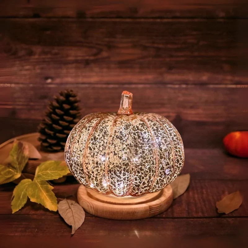 Glass Pumpkin Lamp Hand-Blown Battery-Powered With Timer