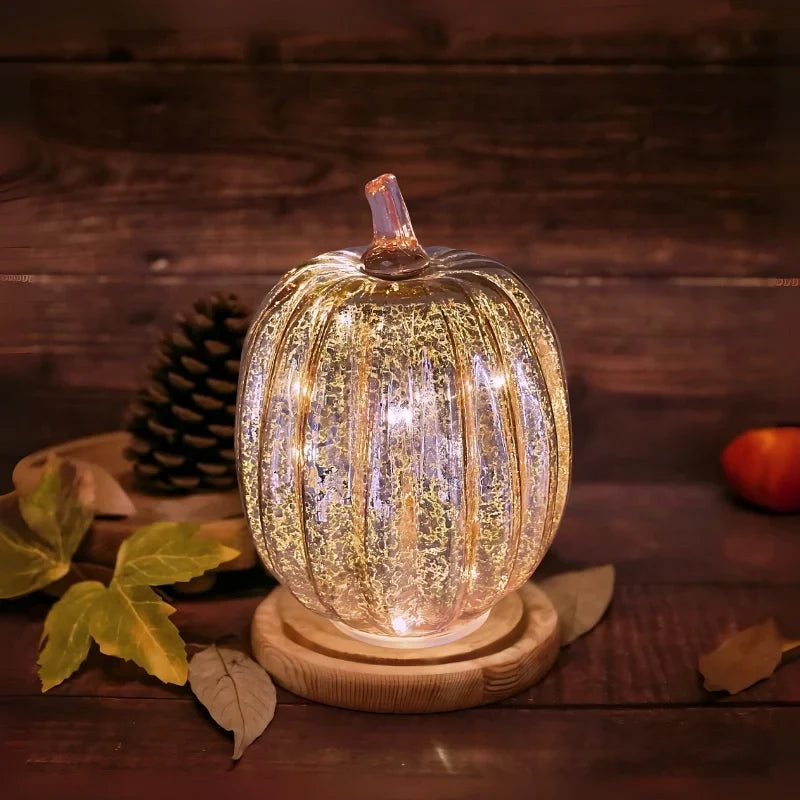 Glass Pumpkin Lamp Hand-Blown Battery-Powered With Timer