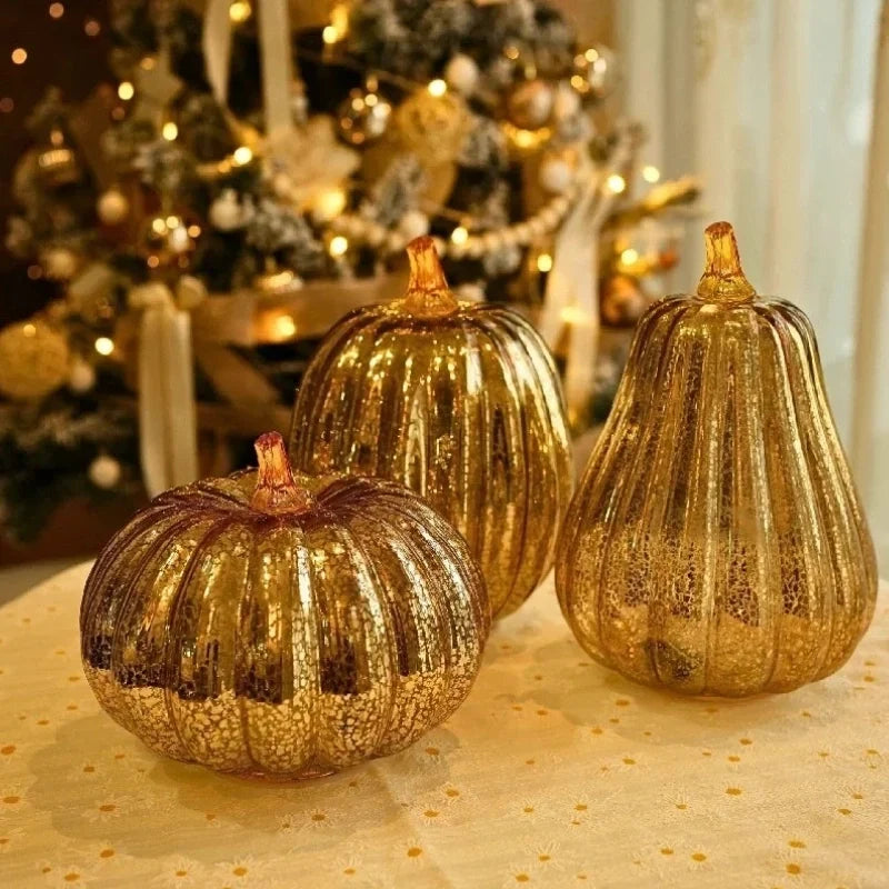 Glass Pumpkin Lamp Hand-Blown Battery-Powered With Timer