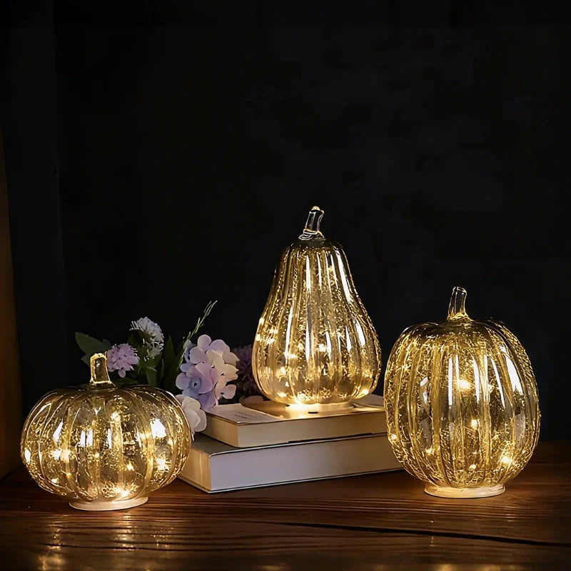 Glass Pumpkin Lamp Hand-Blown Battery-Powered With Timer