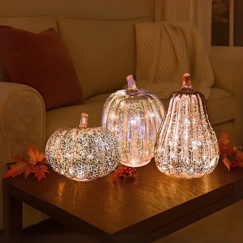 Glass Pumpkin Lamp Hand-Blown Battery-Powered With Timer