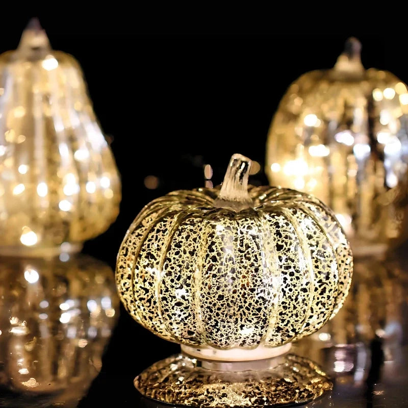 Glass Pumpkin Lamp Hand-Blown Battery-Powered With Timer