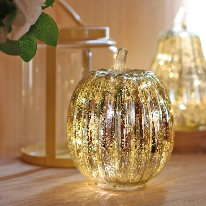 Glass Pumpkin Lamp Hand-Blown Battery-Powered With Timer
