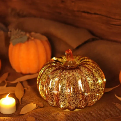 Glass Pumpkin Lamp Hand-Blown Battery-Powered With Timer