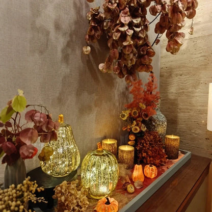 Glass Pumpkin Lamp Hand-Blown Battery-Powered With Timer