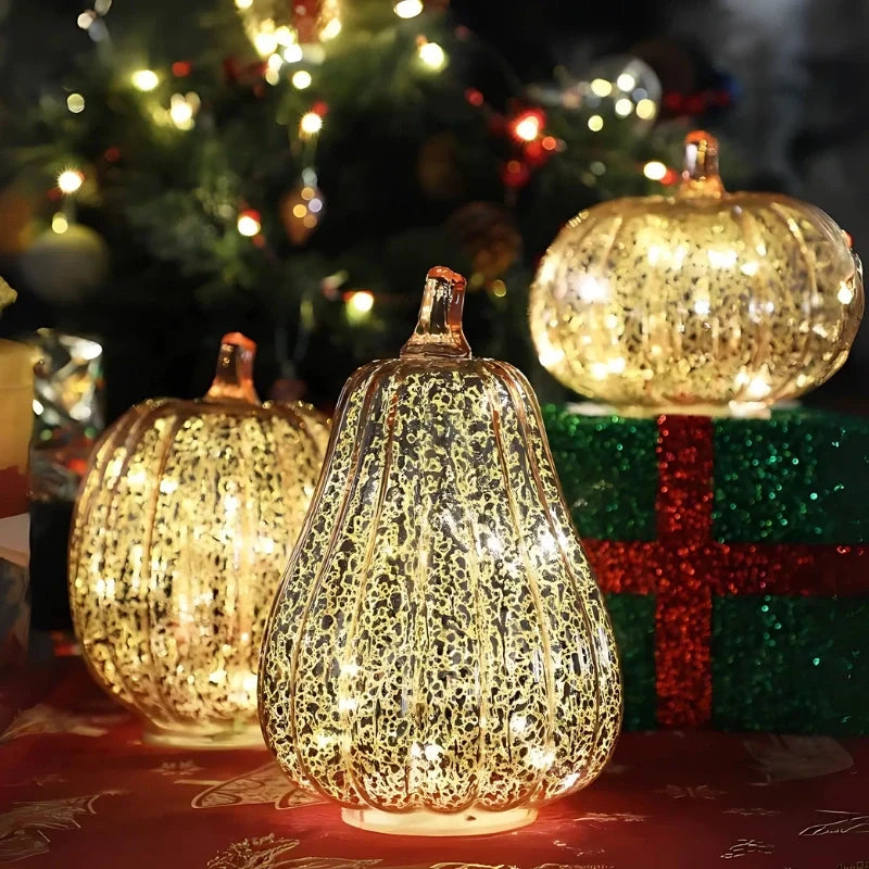 Glass Pumpkin Lamp Hand-Blown Battery-Powered With Timer