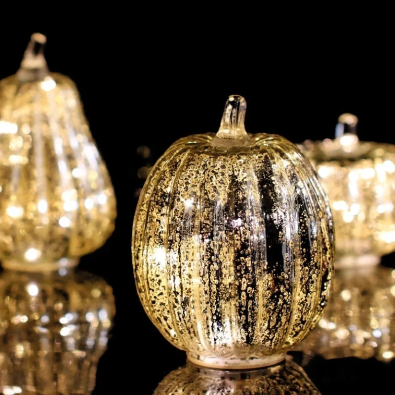 Glass Pumpkin Lamp Hand-Blown Battery-Powered With Timer