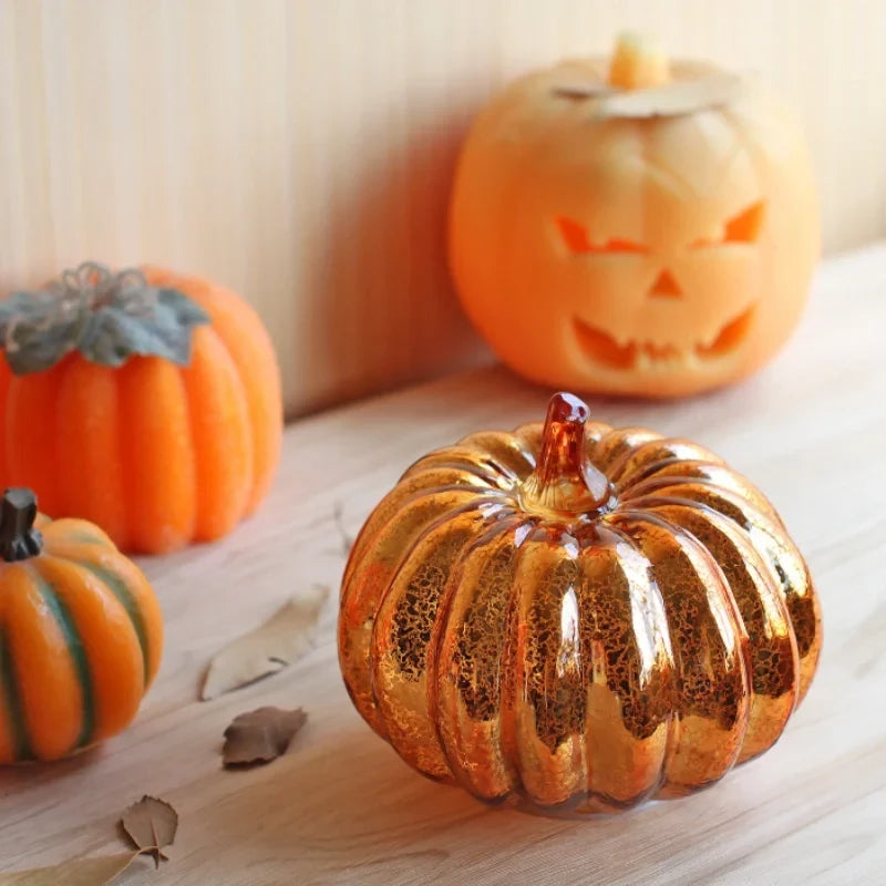 Glass Pumpkin Lamp Hand-Blown Battery-Powered With Timer