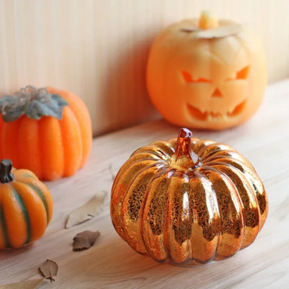Glass Pumpkin Lamp Hand-Blown Battery-Powered With Timer