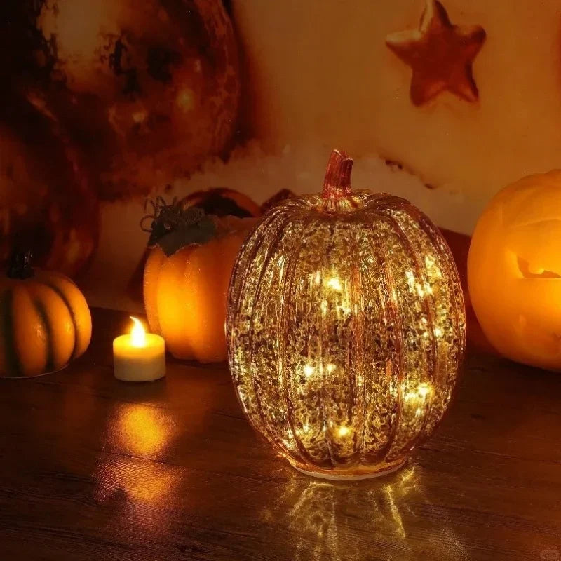 Glass Pumpkin Lamp Hand-Blown Battery-Powered With Timer