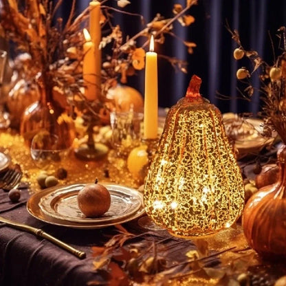 Glass Pumpkin Lamp Hand-Blown Battery-Powered With Timer