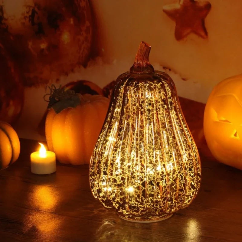 Glass Pumpkin Lamp Hand-Blown Battery-Powered With Timer