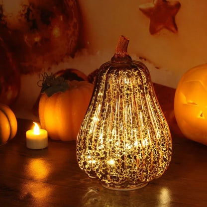 Glass Pumpkin Lamp Hand-Blown Battery-Powered With Timer