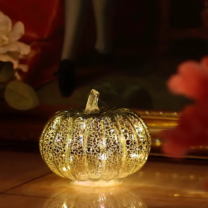 Glass Pumpkin Lamp Hand-Blown Battery-Powered With Timer