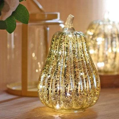 Glass Pumpkin Lamp Hand-Blown Battery-Powered With Timer
