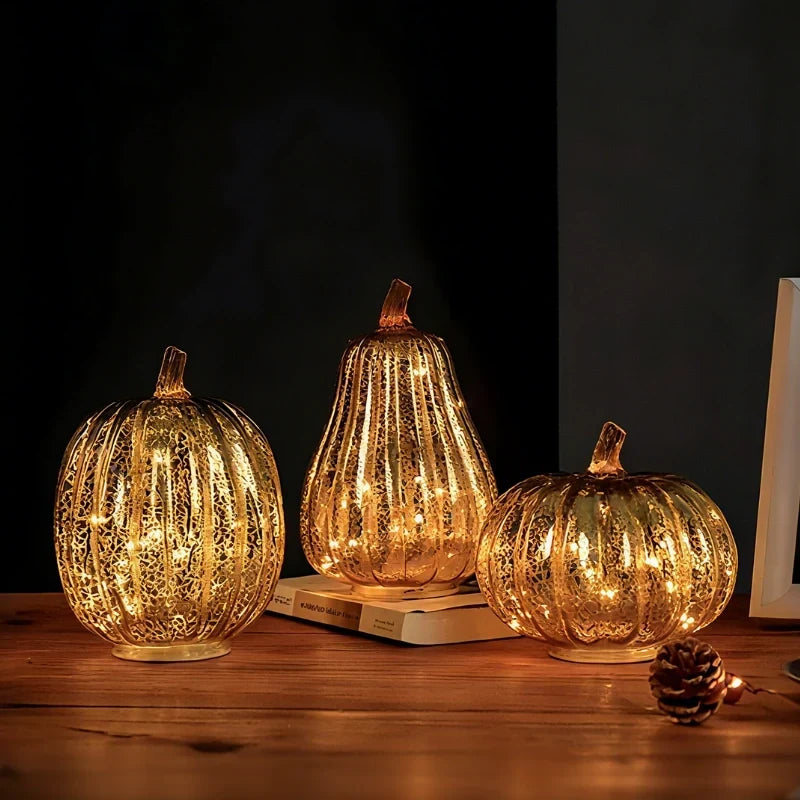 Glass Pumpkin Lamp Hand-Blown Battery-Powered With Timer